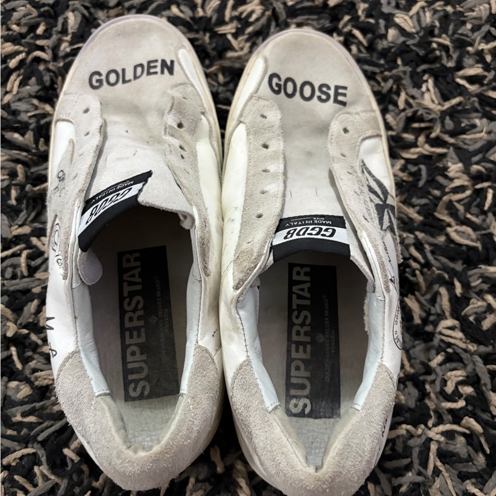 Golden Goose White Leather Low-Top Sneakers with Black Star and Gray Suede - Picture 5 of 13